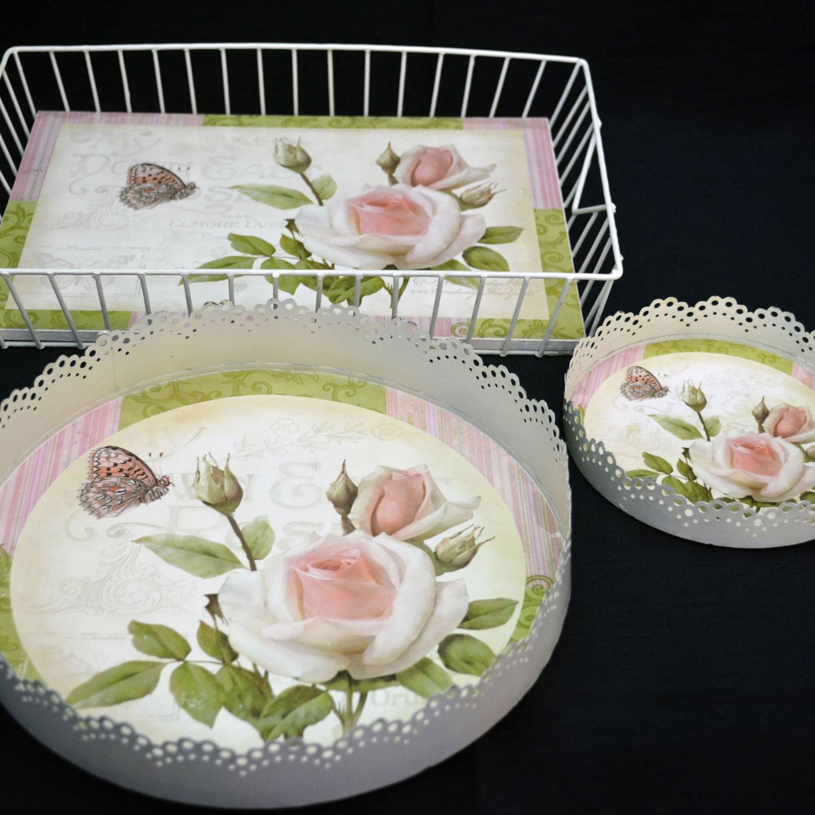 3Pc Circular Rose Motif Trays & Rectangular Wire Tray (1 of 4)