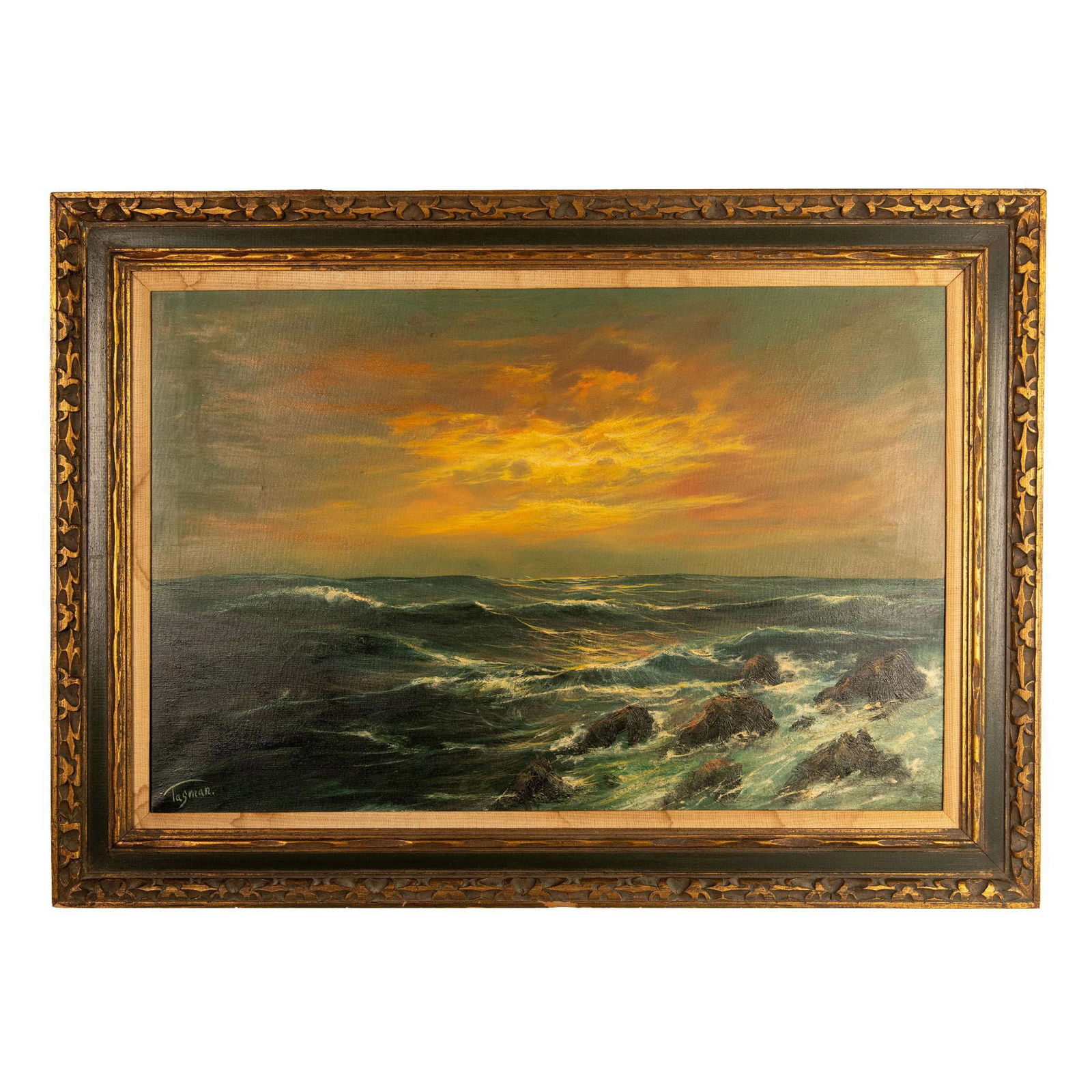 Original Signed Oil Painting on Canvas, Sunset Seascape: A stunning original oil-on-canvas seascape, painted in a Realist style, capturing the dramatic beauty of a setting sun reflecting on a restless sea. Waves crash against rugged rocks, brought to life w