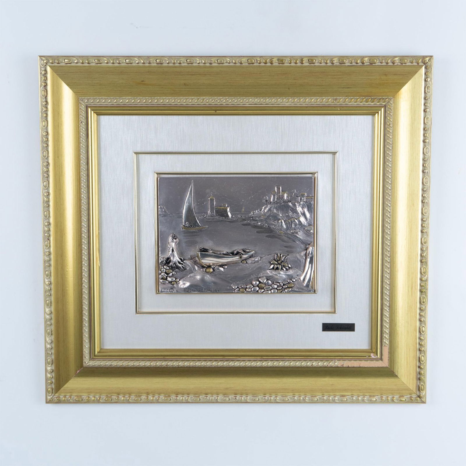 Paolo Schiraldi, Silver Art Plaque, Italian Seascape Marked