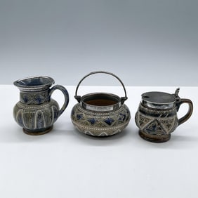 3pc Doulton Lambeth Stoneware Creamer Sugar & Condiment Set