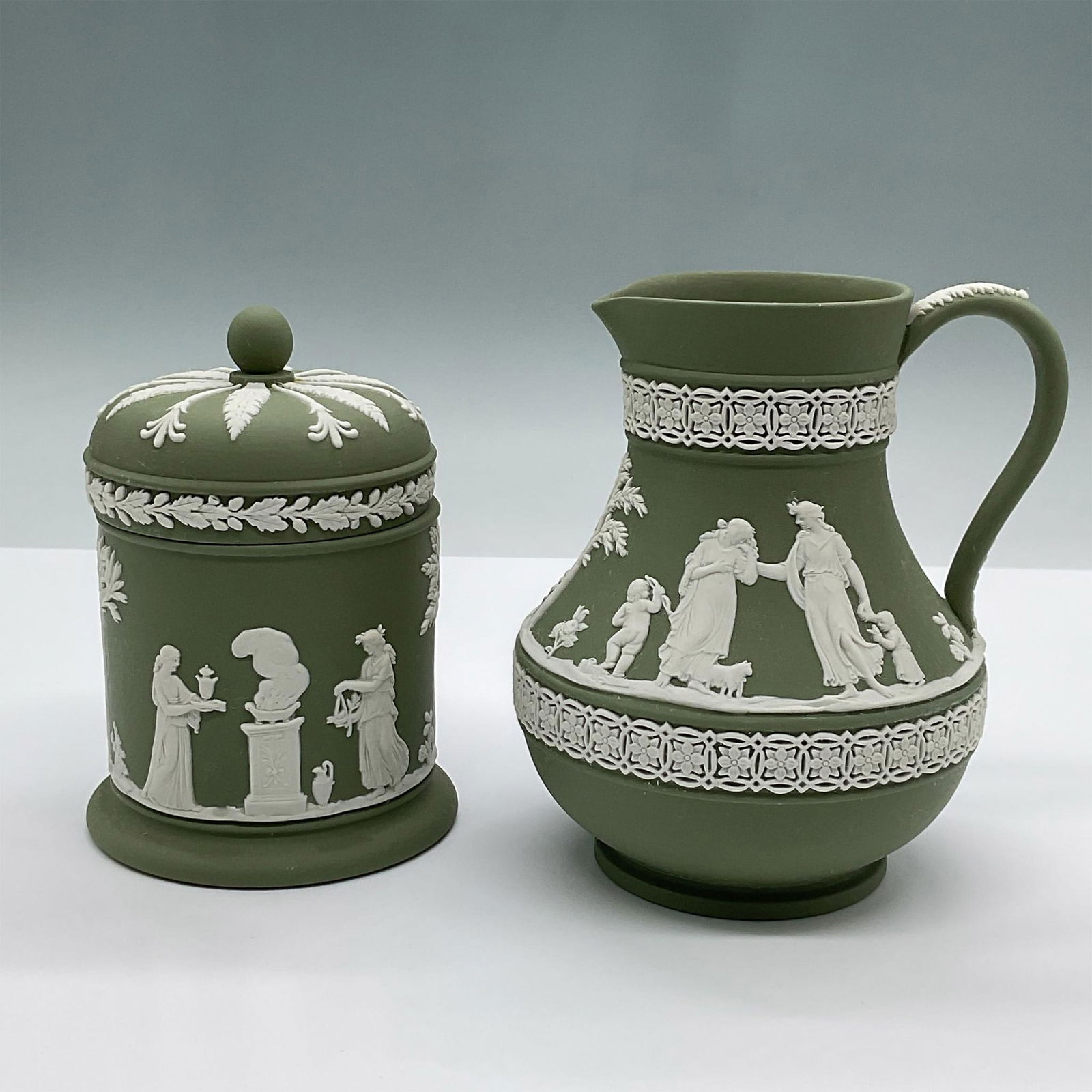 2pc Wedgwood Sage Green Jasperware Lidded Tabacco Jar & Jug (1 of 3)