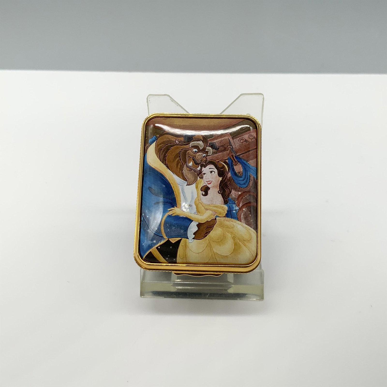 Bilston and Battersea Enamels Disney Box, Beauty & the Beast: Fabulous pill box depicting the dance scene from the classic Disney movie Beauty and the Beast on the outside of the box as the inside of the lid has an inscription. Bilston and Battersea Enamels, Dis