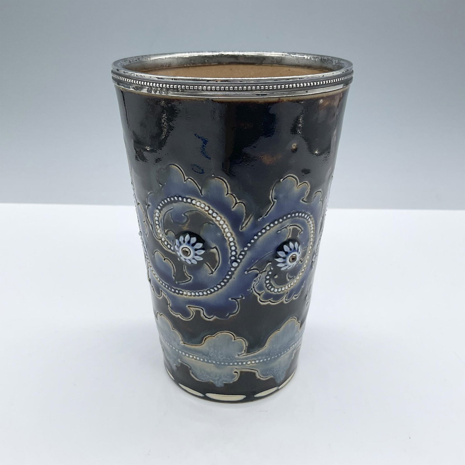 George Tinworth Doulton Lambeth Beaker w/ Sterling Rim