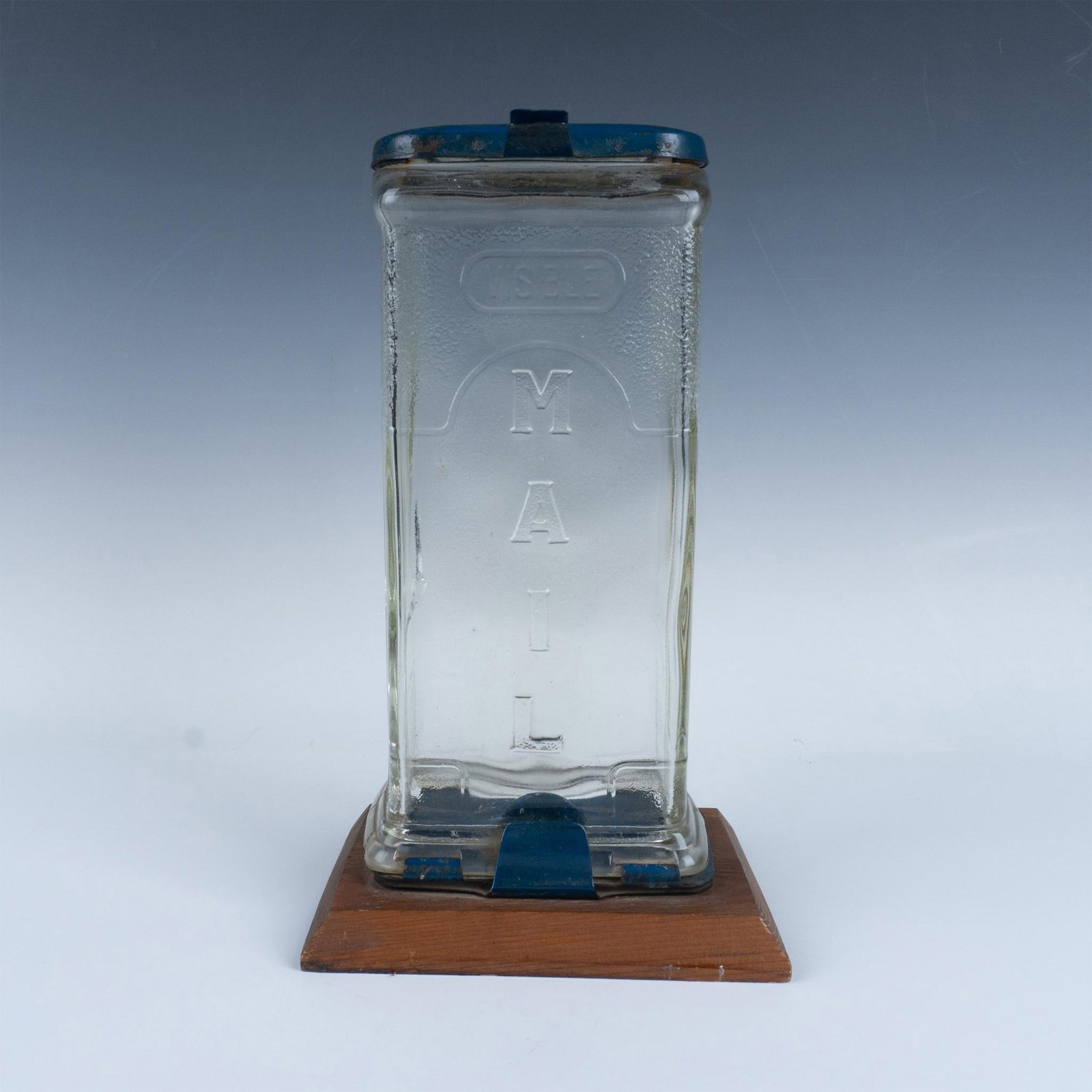 Antique Glass Visible Mailbox: Transparent glass mailbox with blue painted metal and a wooden base. Issued: Early 20th c. Dimensions: 5.25"L x 7.5"W x 13.25"H