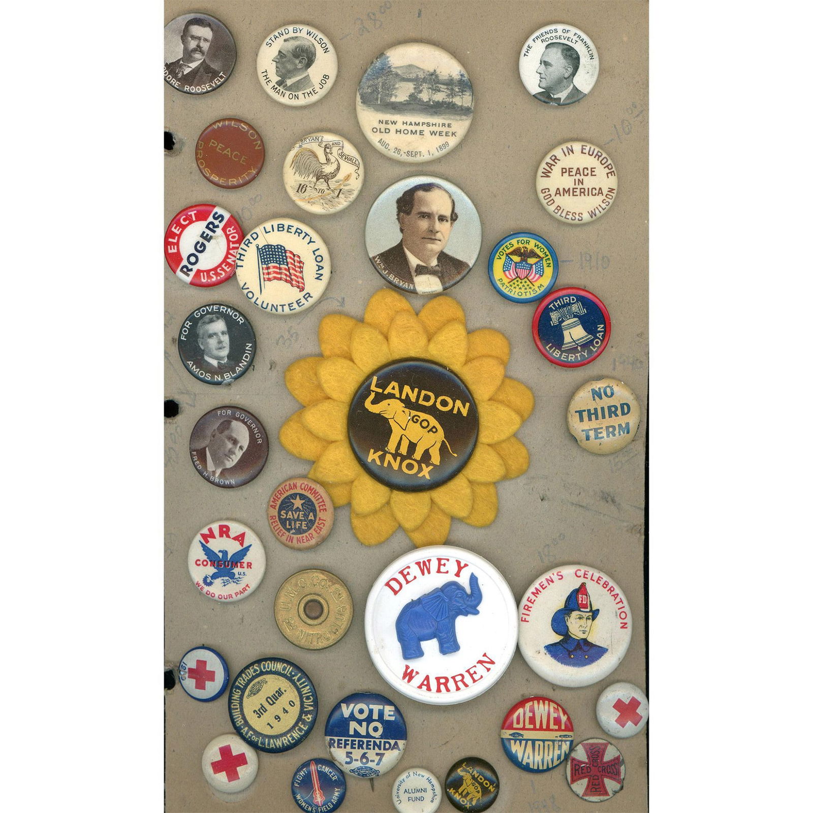A card of assorted political pin back buttons (1 of 3)