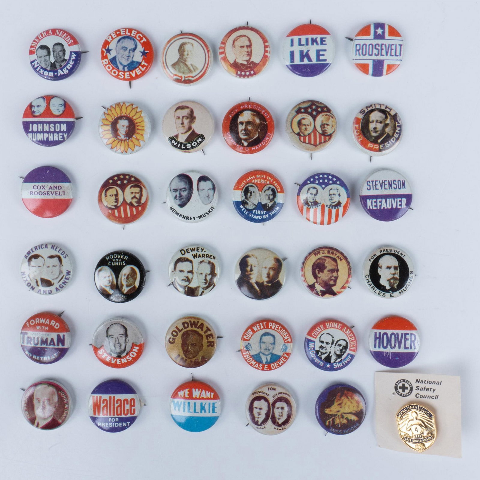 36pc Mini US Political Pins: Wonderful collection of political pins from the 20th century. Pins include advertisements for Hoover, Roosevelt, Truman, and Goldwater. Pins measure 0.25"H x 0.75"dia. Issued: 20th century Dimensions: