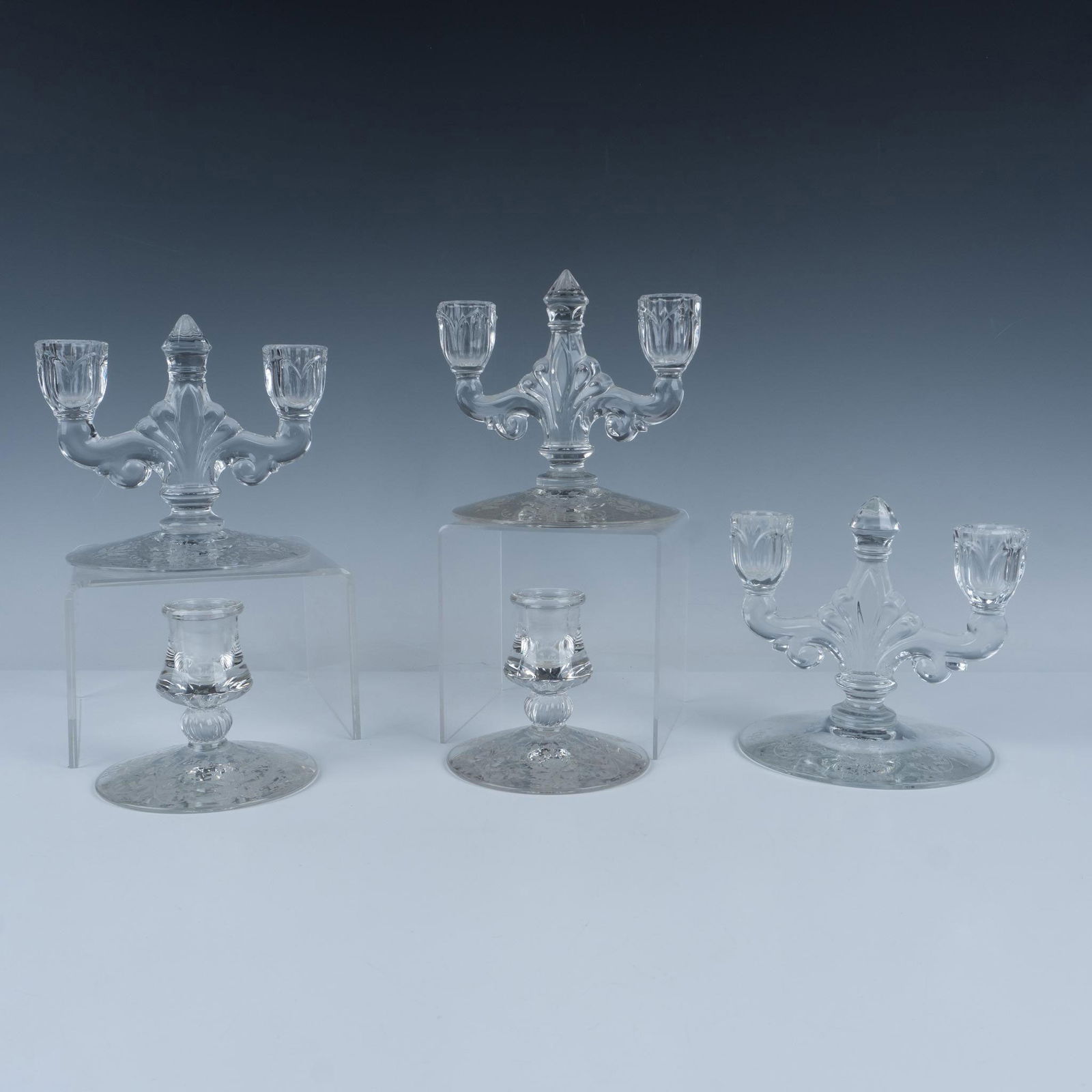 5pc Heisey Etched Glass Candleholders, Orchid (1 of 5)