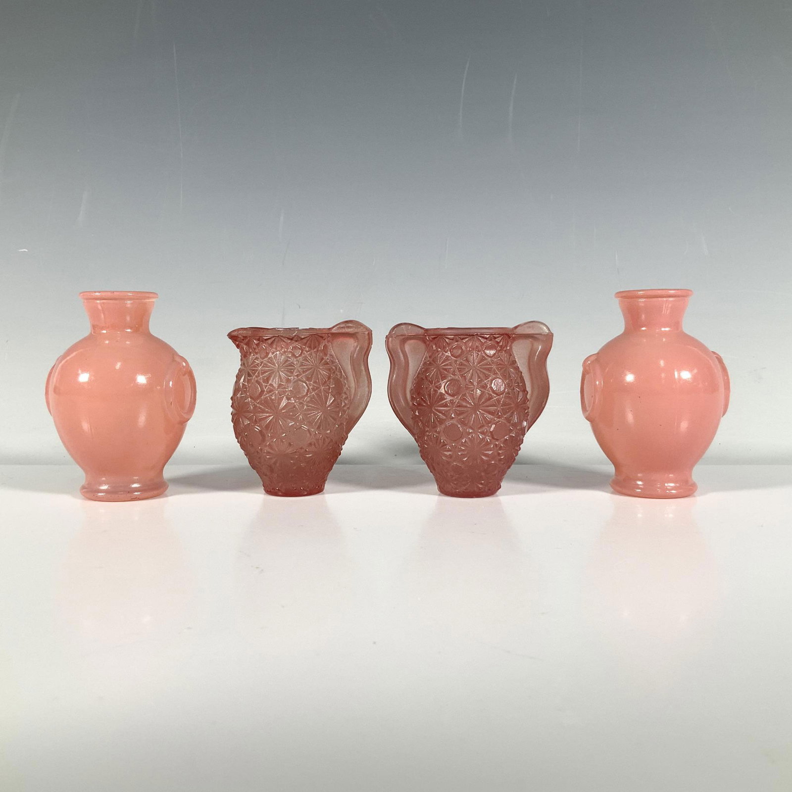 4pc Pink Motif Art Glass Miniature Vases, Creamer, Sugar Jar (1 of 3)