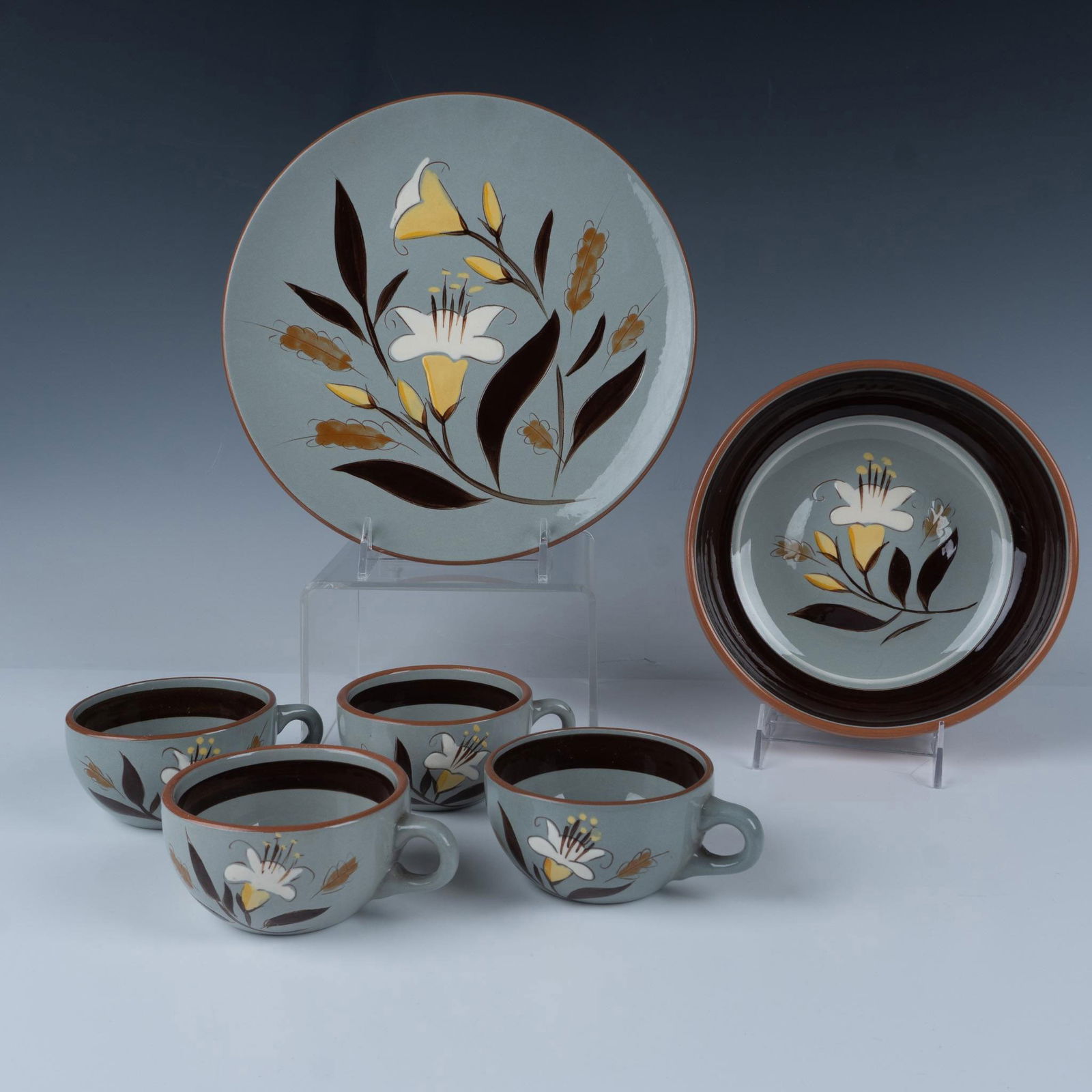 6pc Stangl Pottery Cups Plate and Bowl, Golden Harvest: This ceramic set features 4 coffee cups, one plate and one bowl, all in the Golden Harvest pattern. Cups measure 5"L x 4"W x 2"H. Plate measures 10"L x 10"W x 1"H. Bowl measures 8"L x 8"W x 2.5"H. Sta