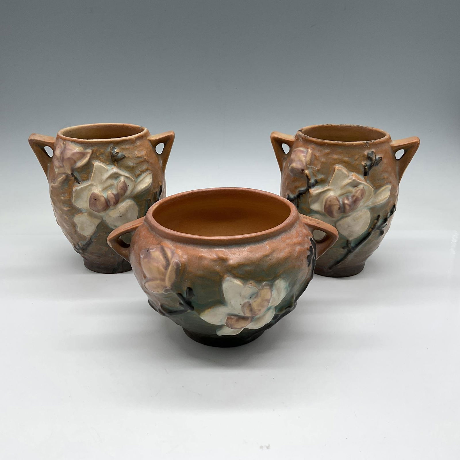 3pc Roseville Pottery Jardiniere & Vases, Magnolia Brown (1 of 3)