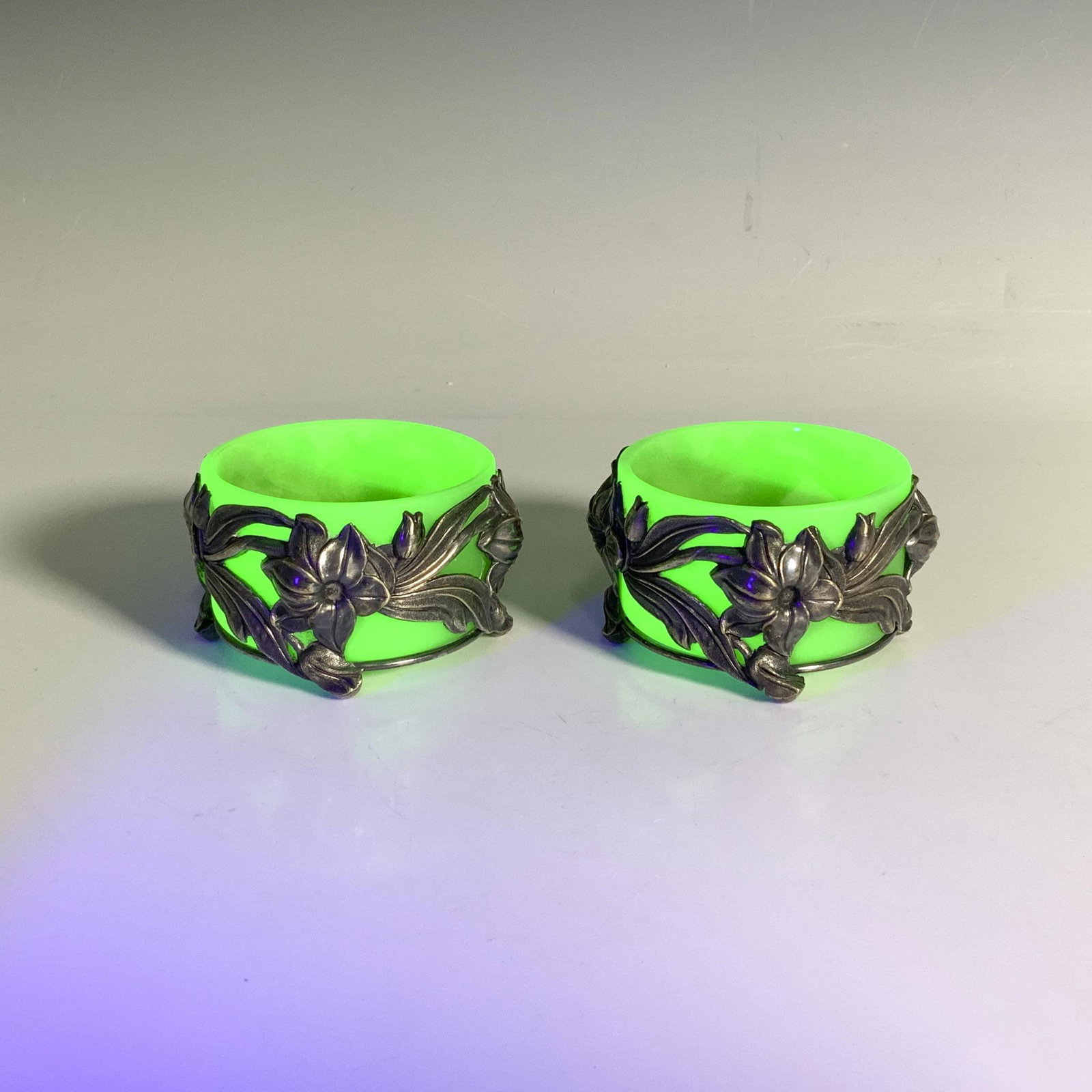 2pc Green Opaline Uranium Glass Dishes w/ Floral Metal Bases (1 of 3)