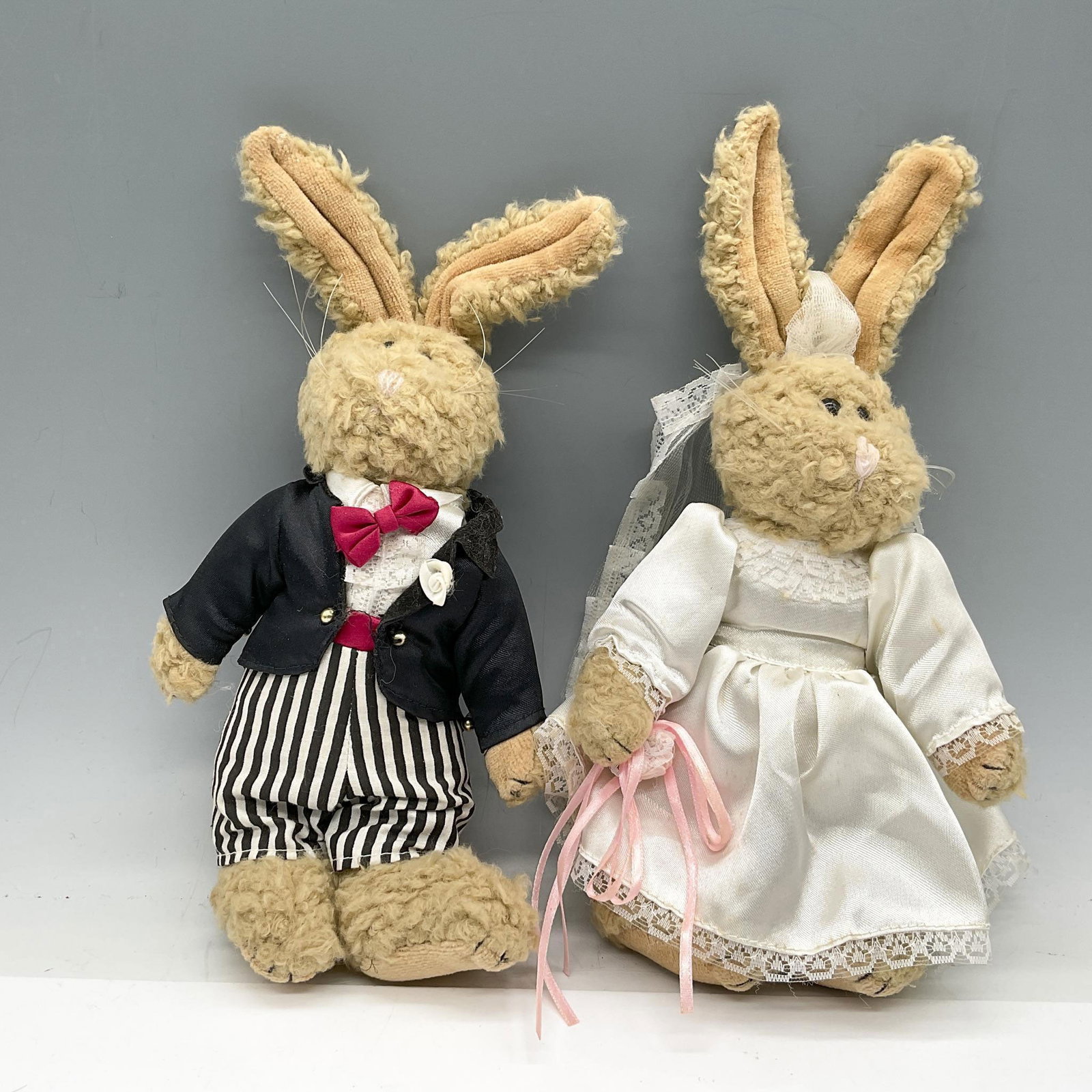 2pc Vintage Curly Fur Plush Animal, Bride & Groom: Curly rabbits dressed in black suit attire with his bride in white with lace veil. Largest piece 5"L x 2"W x 10"H. Issued: 20th century Dimensions: See Description Country of Origin: United States