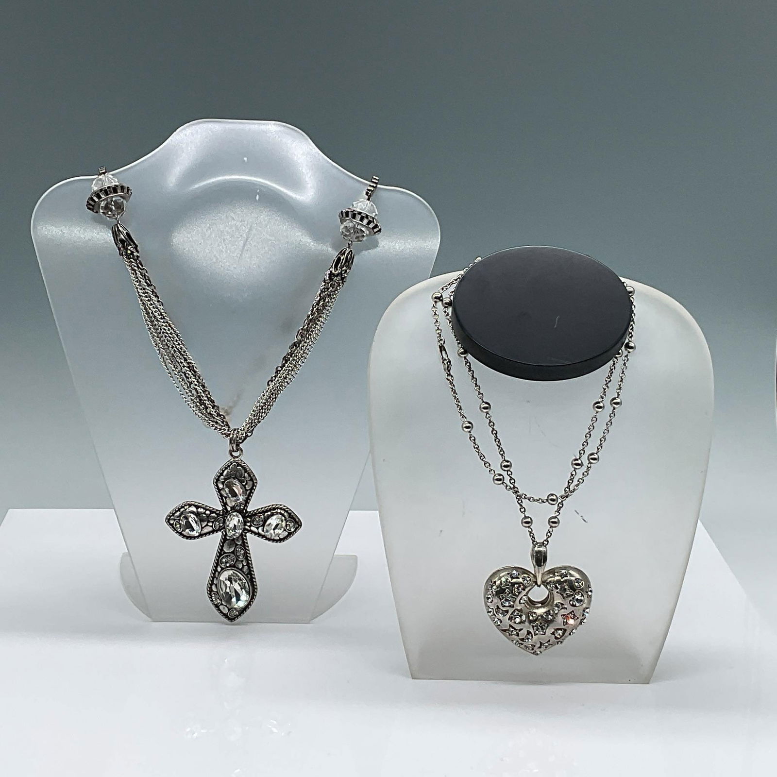 2pc Rhinestone Pendant Necklaces, Heart & Cross Design (1 of 7)