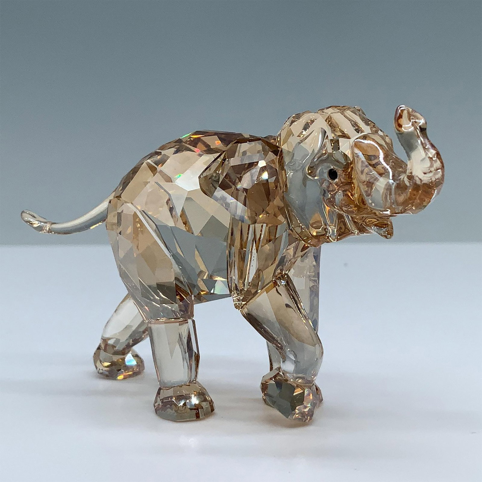 Swarovski Crystal Society Figurine, Young Elephant: Lead crystal figural excellently crafted in a light sand color depicts an adorable elephant with its trunk raised. Swarovski swan backstamp. Item includes original box measuring 5"L x 5"W x 3.25"H. 11