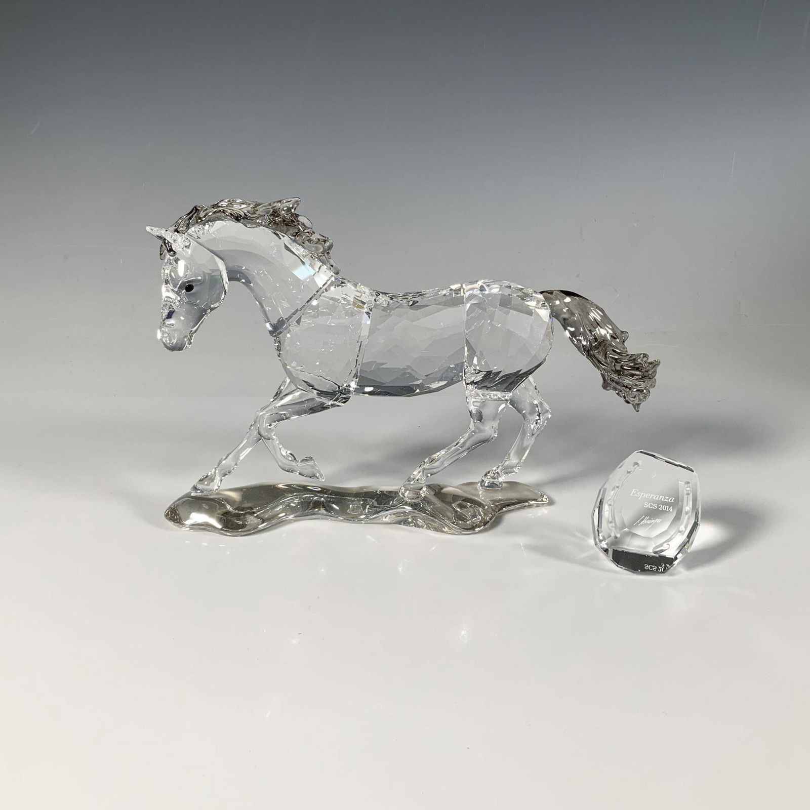 Swarovski Crystal 2014 SCS Figurine + Plaque, Esperanza: This dazzling faceted figure, inspired by the wild Criollo horses of South America, features a horse with a clear body and light gray mane and tail. It is accompanied by a horseshoe shaped faceted cry