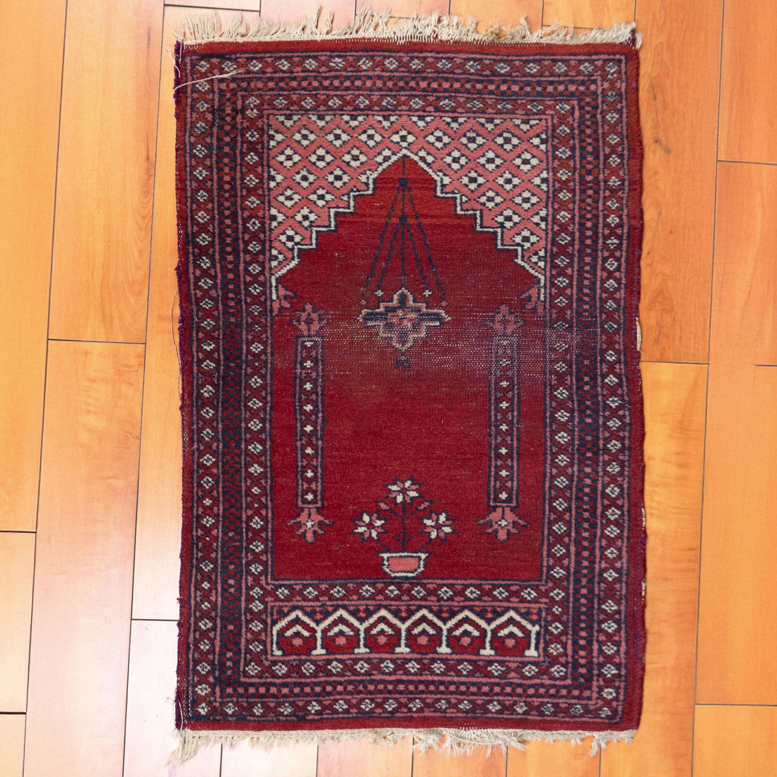 Turkish Red Prayer Fringed Hand Knotted Rug (1 of 10)