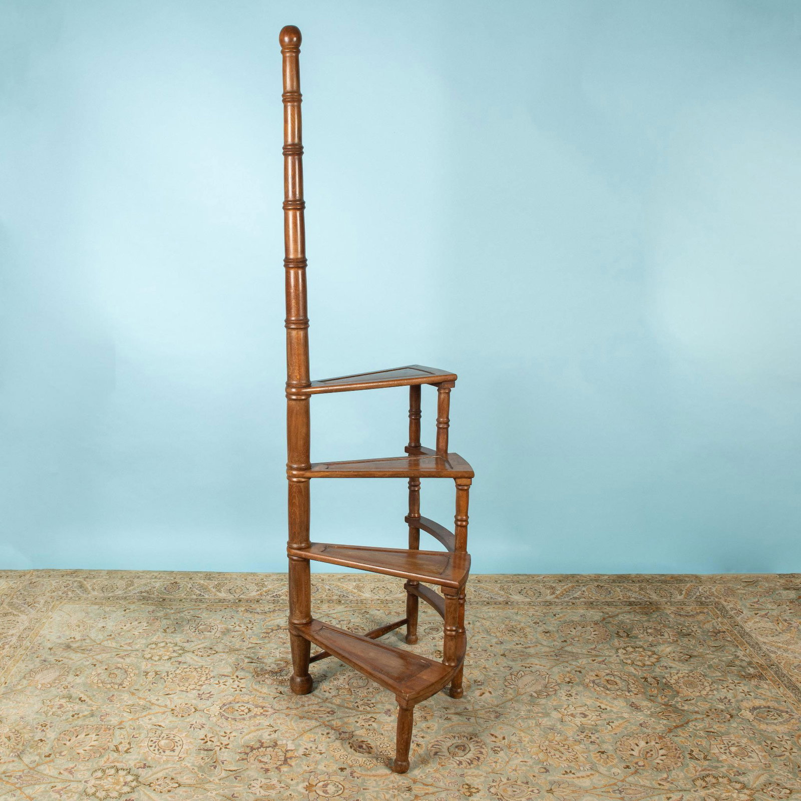 Vintage Wooden Spiral Library Ladder: Four stair spiral stairs with notched center handle. Issued: 20th century Dimensions: 19"L x 27"W x 70"H