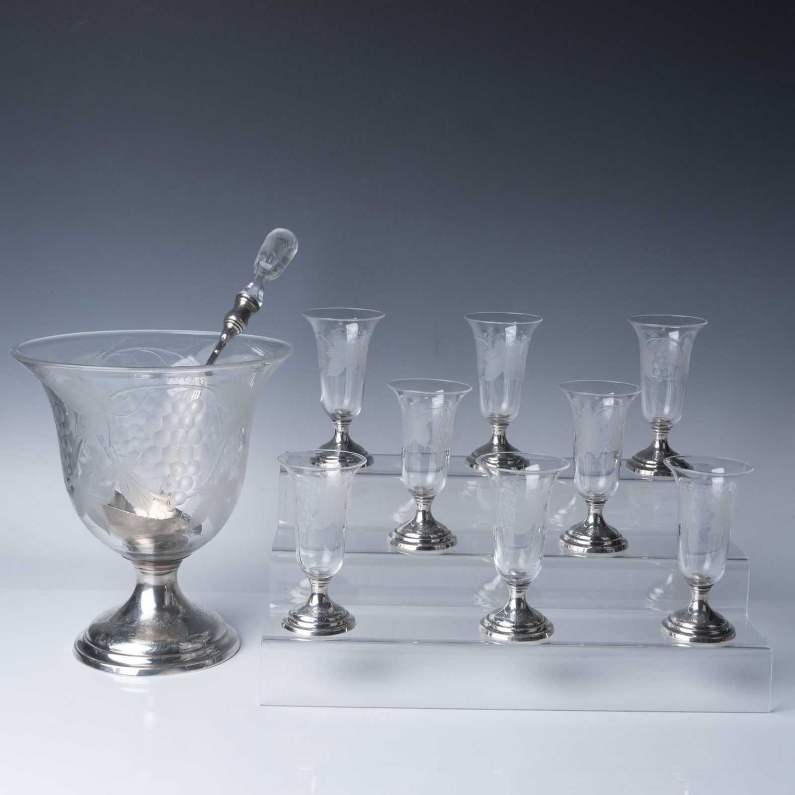 Sterling Silver & Etched Glass Punch Bowl, Glasses & Ladle (1 of 9)