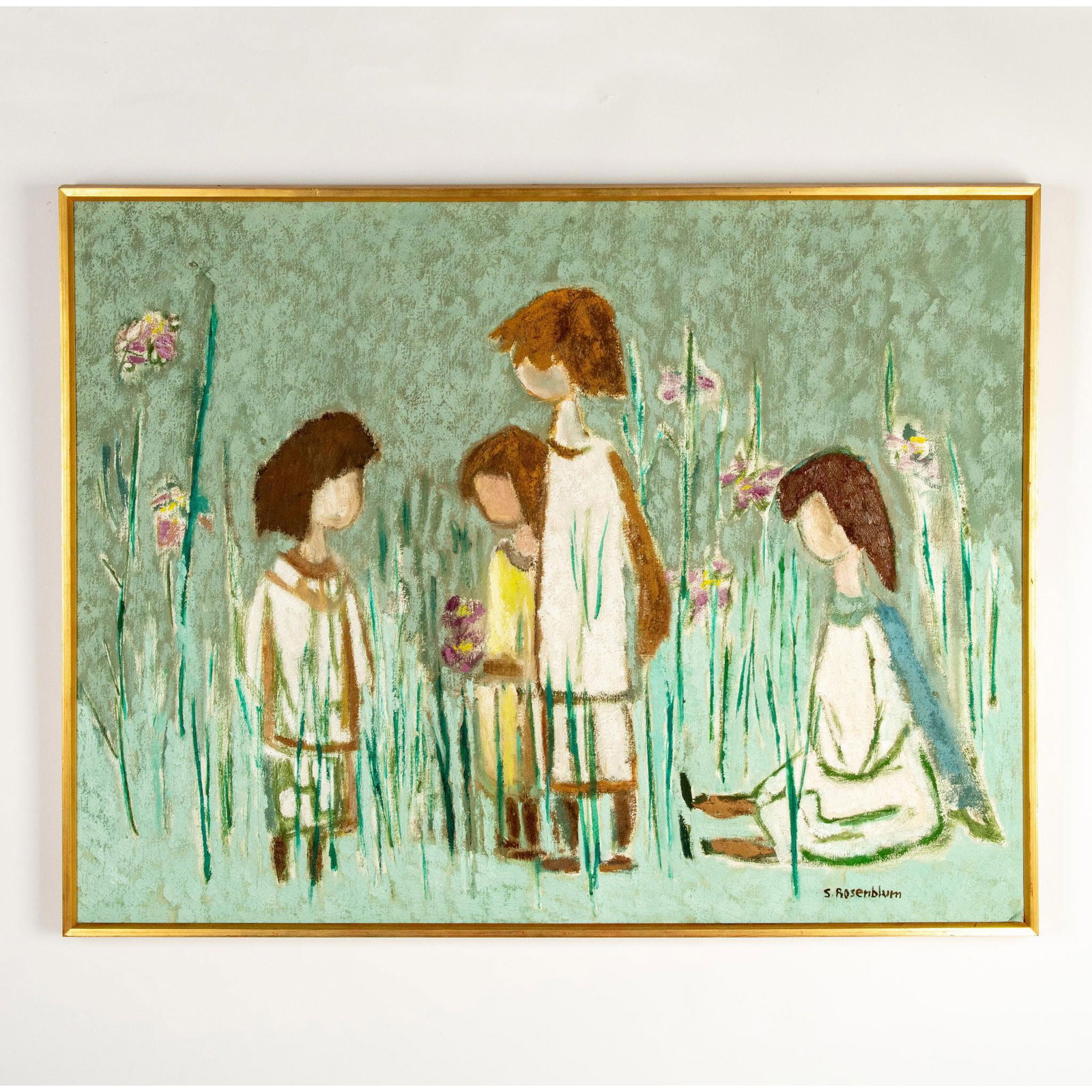 Sadie Rosenblum, Modernist Oil on Canvas, Signed: Original oil on canvas entitled Four Girls in a Floral Landscape by Modernist painter and printmaker Sadie Rosenblum who depicts abstracted figures in a verdant garden made with thick impasto. Written