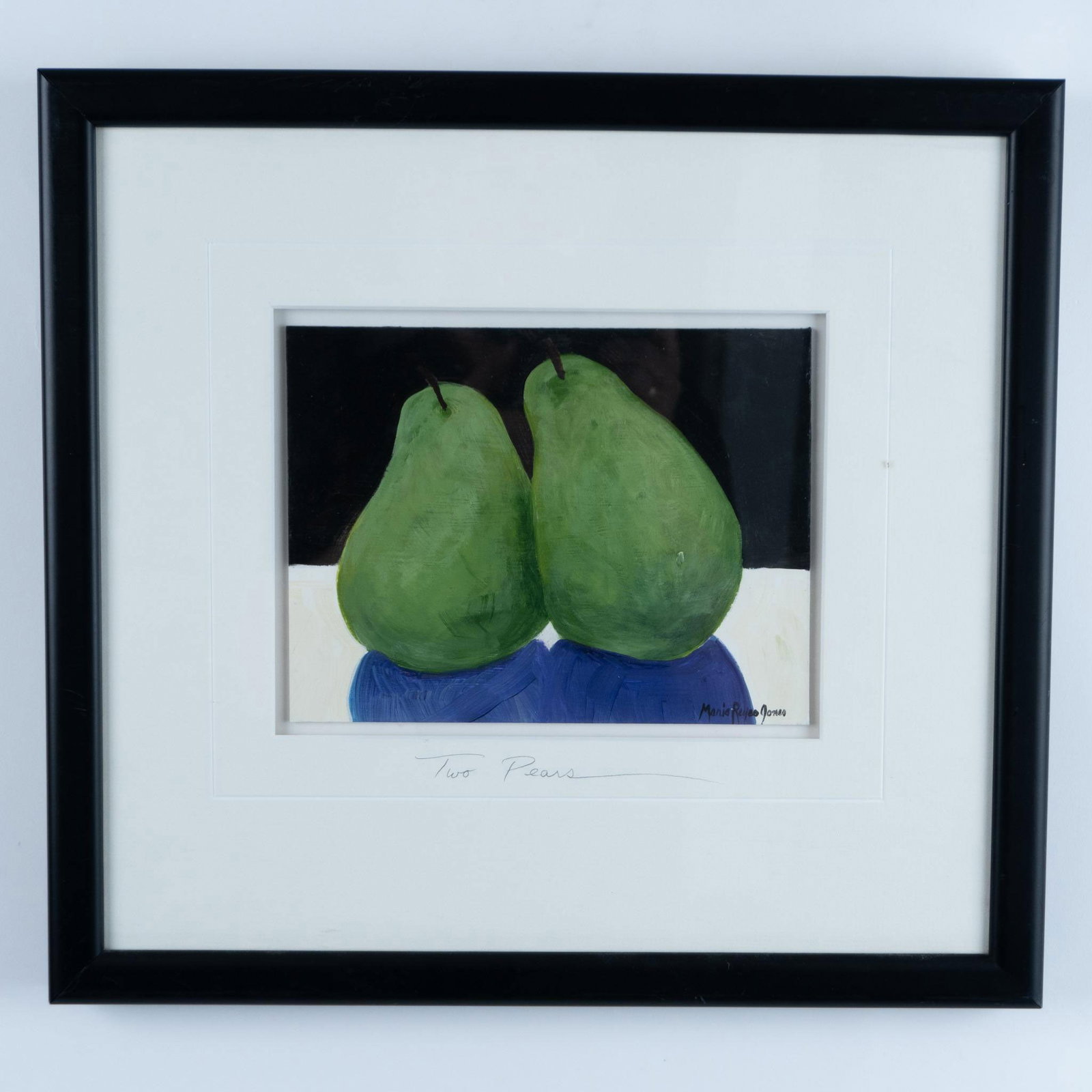 Maria Reyes Jones, Acrylic on Wood, Green Pears, Signed: Original acrylic on wooden board by Florida based artist Maria Reyes Jones who depicts two green pears with heavy texture and bright colors. Signature in paint on lower right side. Title in graphite o