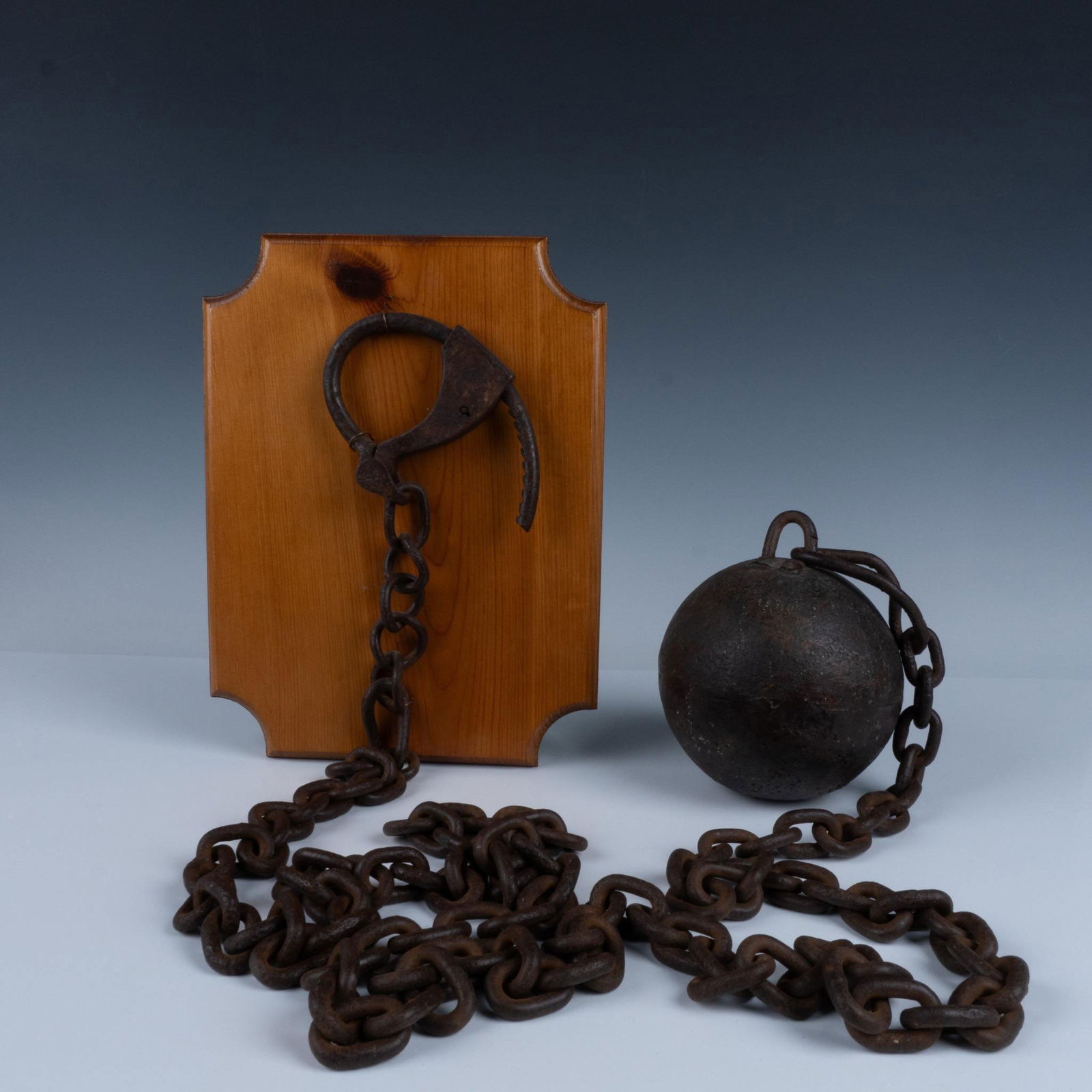 Antique Prison Ball and Chain Shackle on Wooden Plaque (1 of 4)