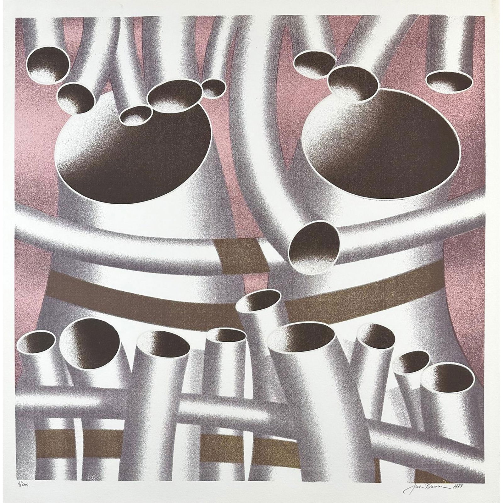 Jack Brusca (American 1939-1993) Pipes, signed: Silkscreen titled Pipes. Signed lower right numbered 4/200. Year 1976 Sight size 26.5" x 25.5"