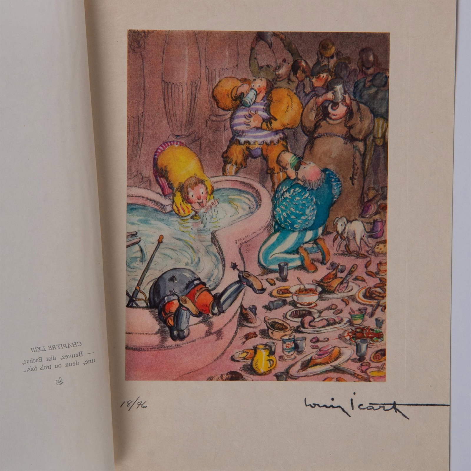 Louis Icart (Aft.) Color Lithograph on Paper Gargantua Suite: Color engraving after French Art Deco painter and illustrator Louis Icarts series of risque drawings for French writer Rabelais 16th century epic satire novel Gargantua et Pantagruel. The compositions