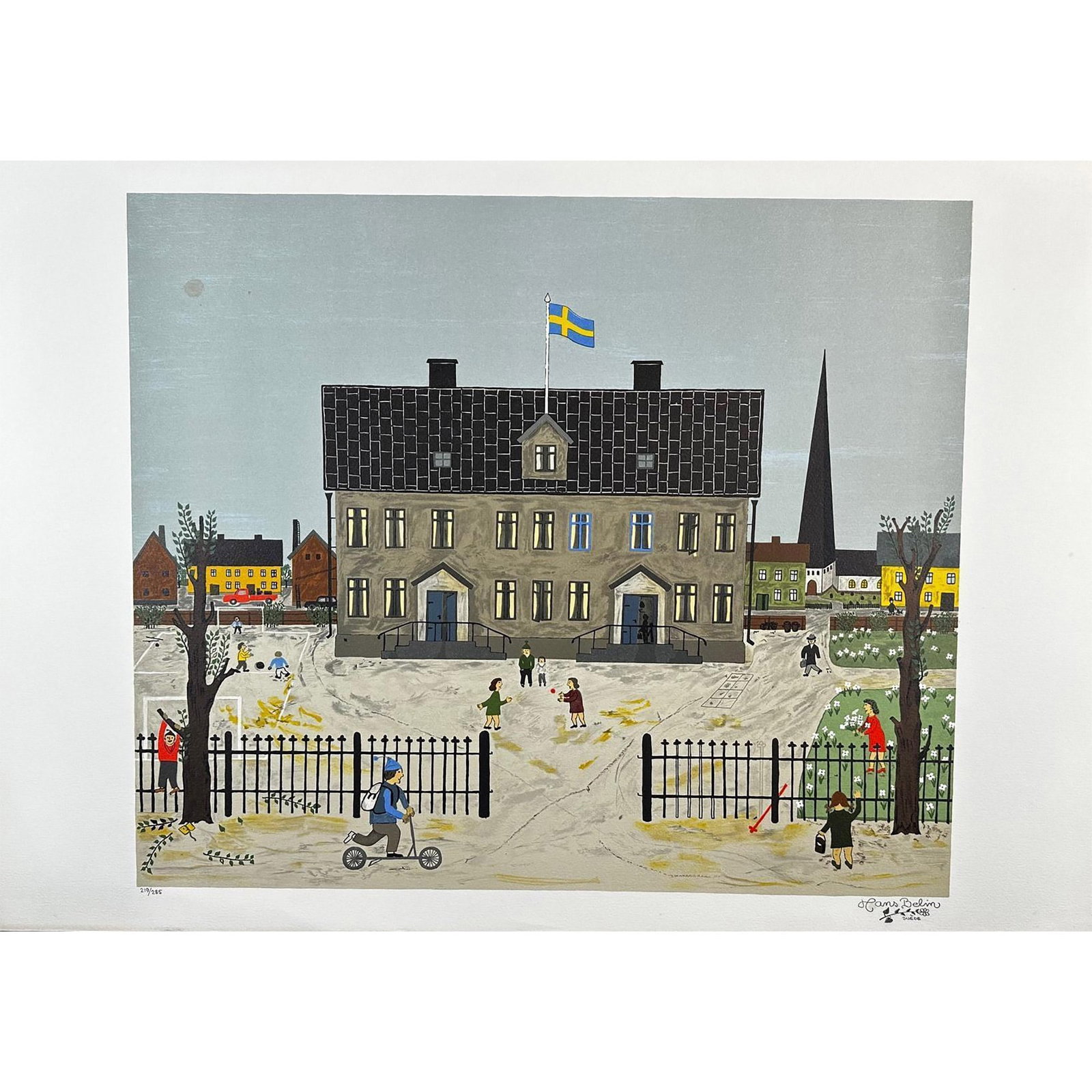 Hans Belin (Swedish 1936-2007) Lithograph Magnus on His Way To School Signed: Lithograph titled Magnus on His Way To School Signed lower right numbered 219/285. Sight size 29.5" x 20.5"