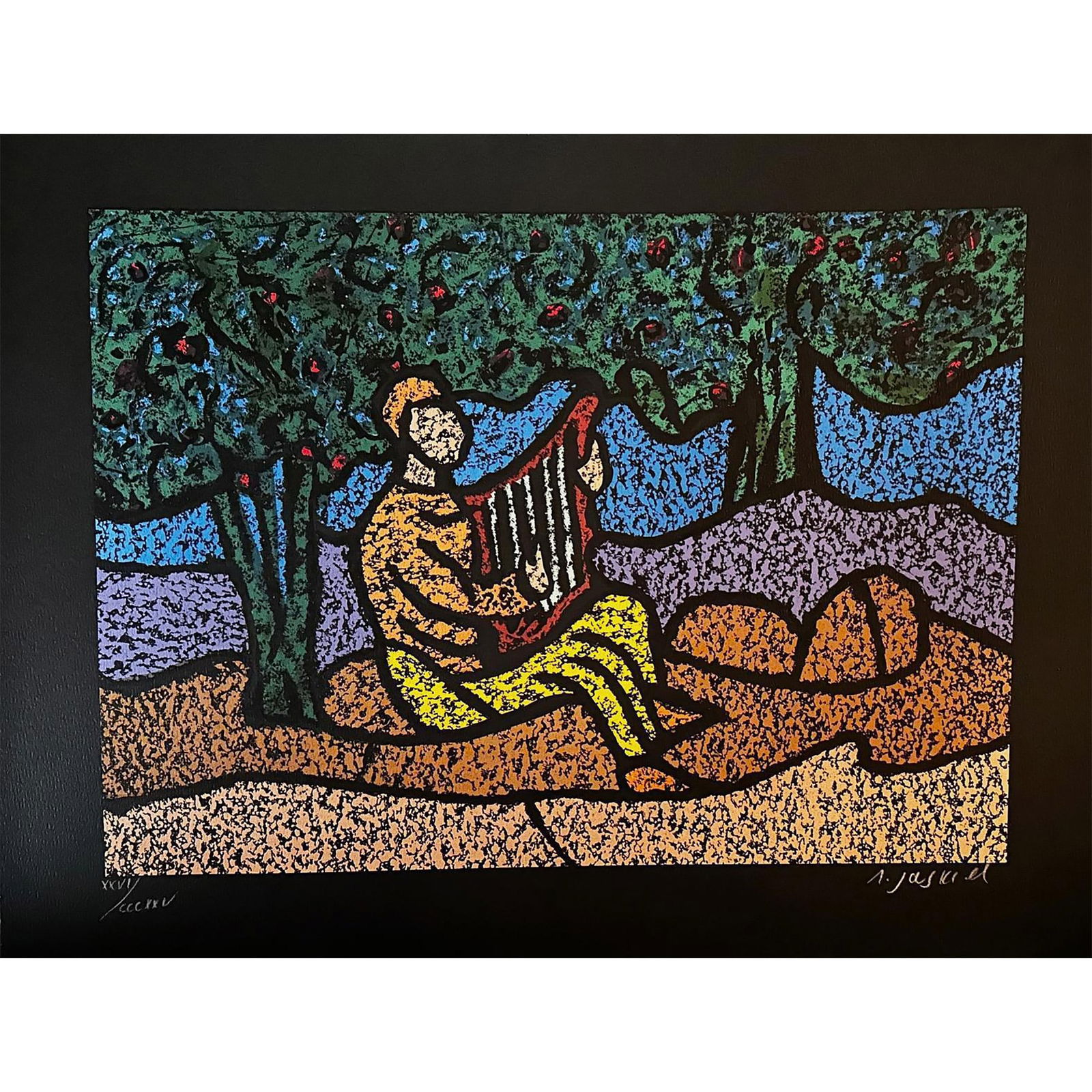 Amos Yaskil (Israeli 1935) Serigraph Flute Player signed (1 of 4)