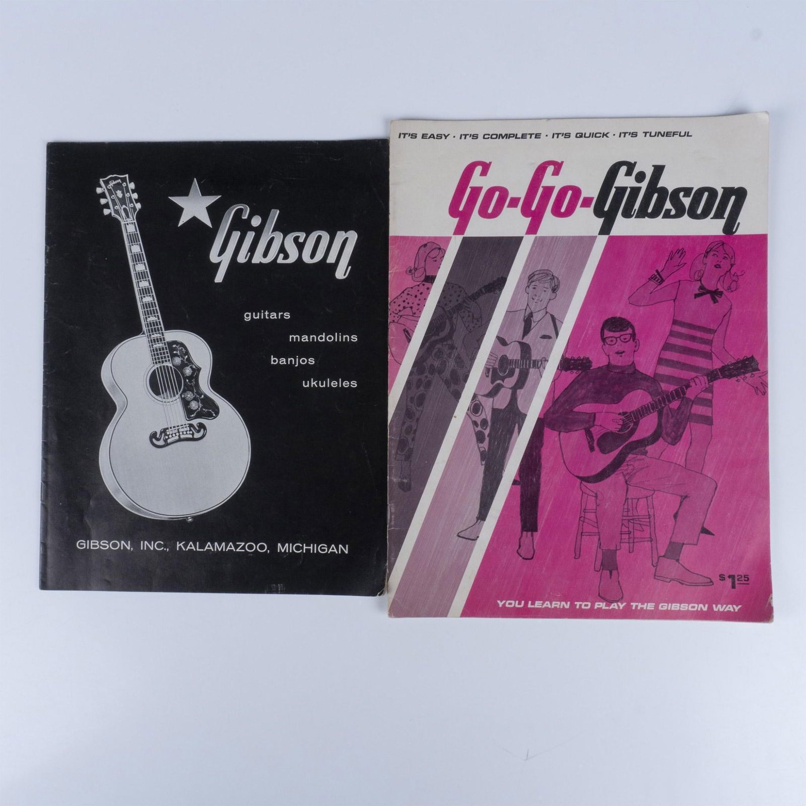 2pc Vintage Gibson Guitar Catalog And Learn To Play Book: The 16-page 1958 Gibson fretted instrument catalog showcases the best of the best of one of the best guitar makers ever. Also included, It's Easy It's Complete It's Quick It's Tuneful. With Go-Go Gibs