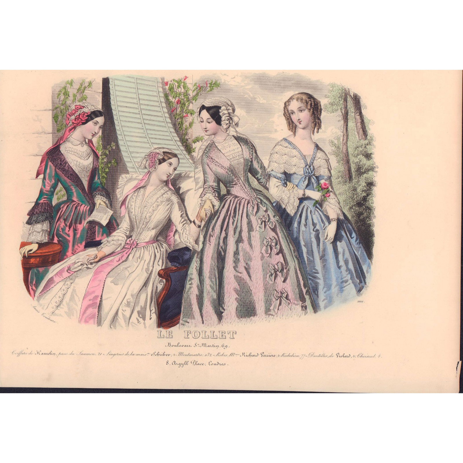 20pc Antique French Fashion Magazine Engravings: Features a series of hand painted engravings from fashion magazines, showcasing ladies and some men wearing the latest French fashions of the 19th century. Includes, Le Follet, and Le Follet Courrier 