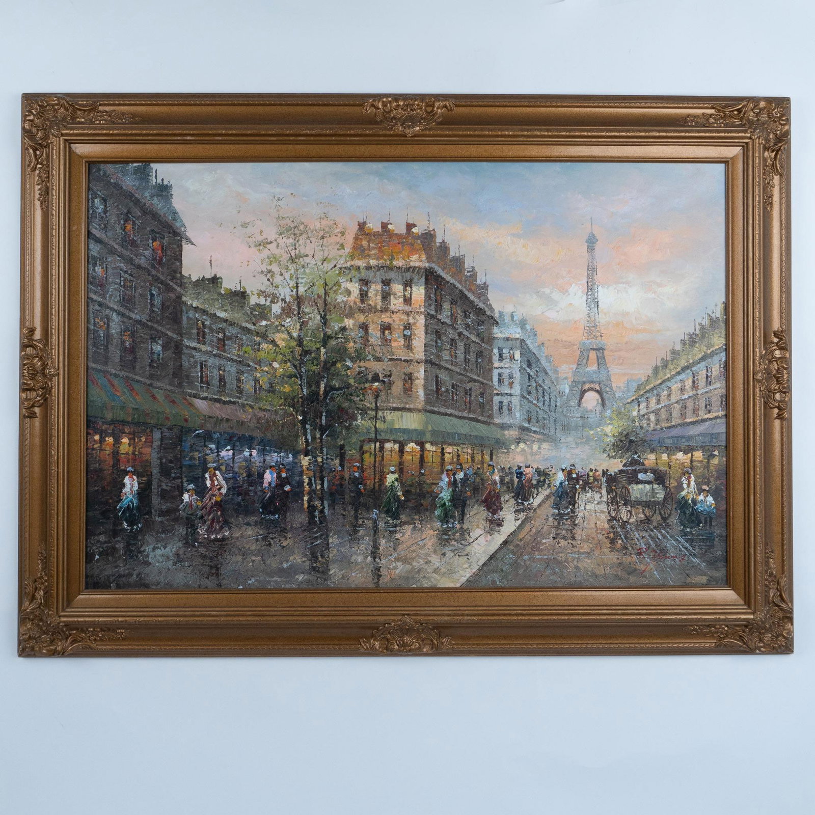 R. Young, Impressionist Oil on Canvas, Paris Scene, Signed: Large original oil on canvas depicting a Turn-of-the-Century Parisian scene with the Eiffel Tower prominently visible at the end of the boulevard. Young used areas of heavy impasto to add depth. Signa
