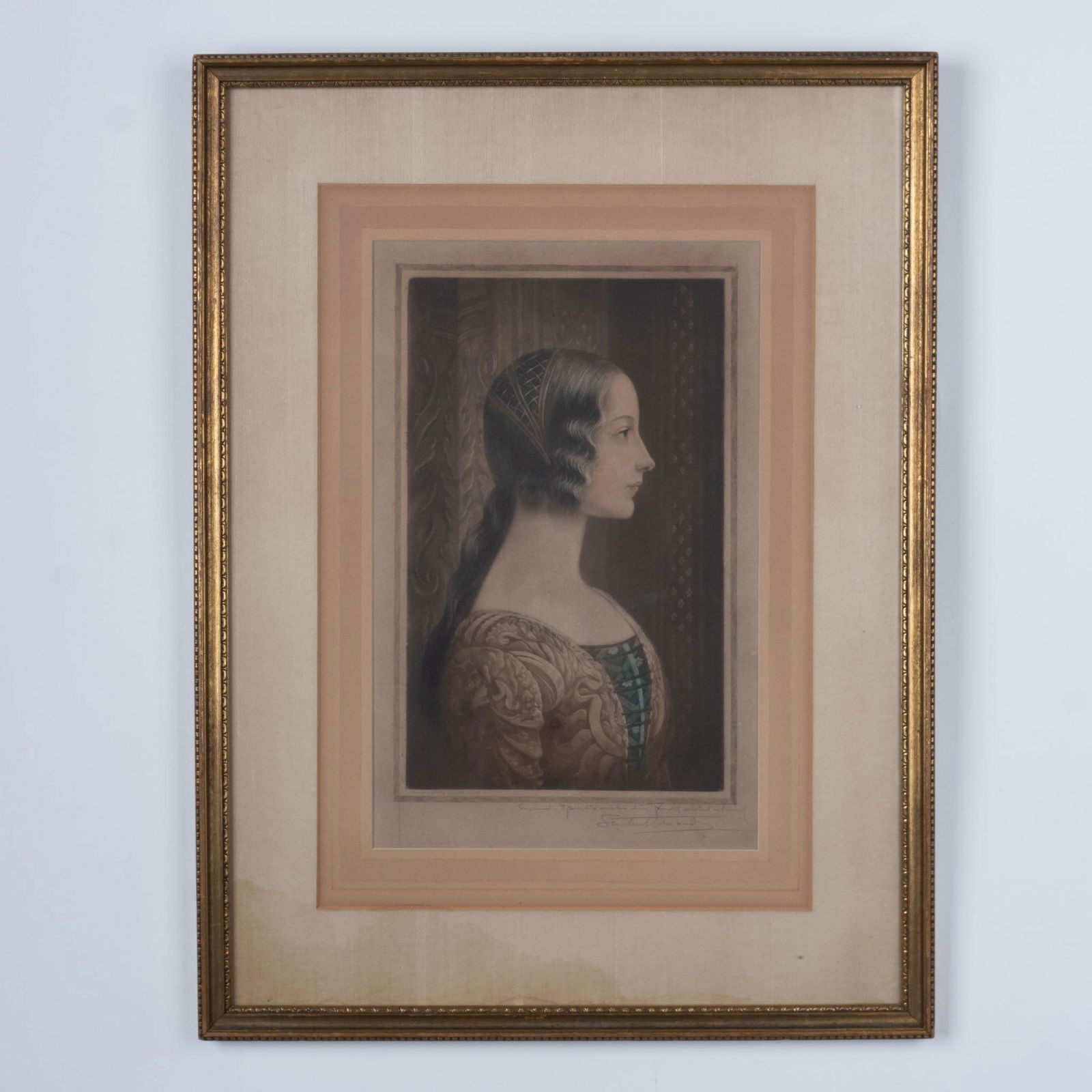 Samuel Arlent Edwards, Antique Mezzotint on Paper, Signed: A marvelous antique intaglio on paper in color after Domenico Ghirlandaio's original painting commissioned by Lorenzo Tornabuoni, after his wife's death in 1488 and includes many symbolic details. Sig