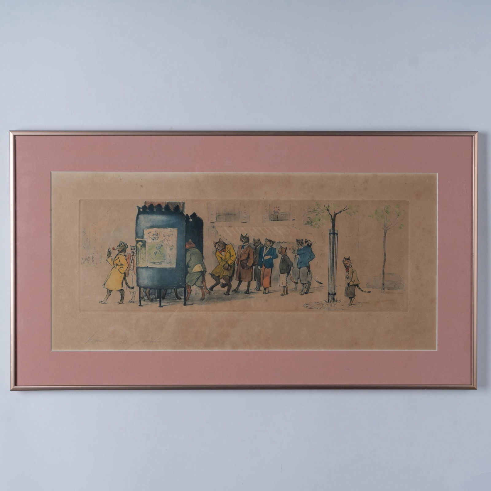 Original Hand-Colored Etching on Paper, Naughty Cats, Signed (1 of 3)