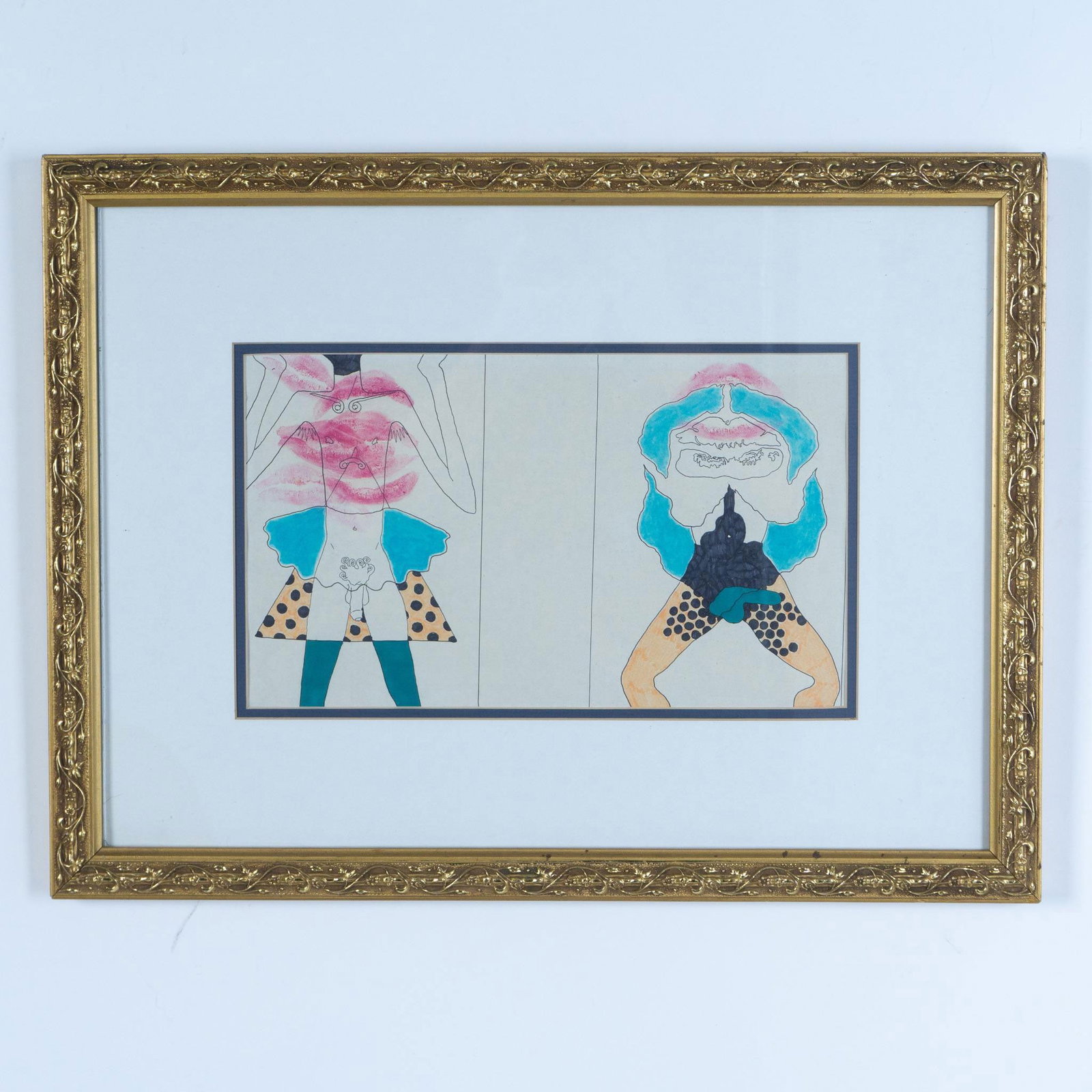 Kyle Ryland Bryce Chapman, Original Mixed Media on Paper: A remarkable original drawing created with markers and lipstick on paper. It depicts two unconventional nude figures, incorporating various ambiguous shapes and patterns that resemble clothing and org