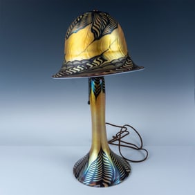 Art Nouveau Iridescent Glass Lamp with Feather Shade
