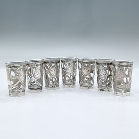 7pc Mexican Sterling Overlay on Glass Shot Glasses