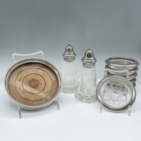 9pc Silver Leonard Coasters, Salt Shakers, and O.N.C Tray