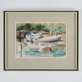 Original Watercolor on Laid Paper, Moored Boats, Signed