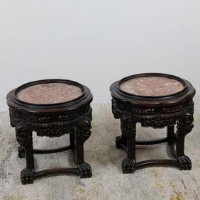 2pc Chinese Carved Wood and Marble Side Tables
