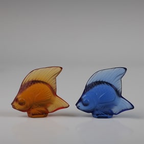 Pair of Lalique Frosted Glass Fish Figurines w/ Boxes
