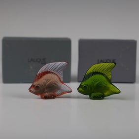 Pair of Lalique Frosted Glass Fish Figurines w/ Boxes