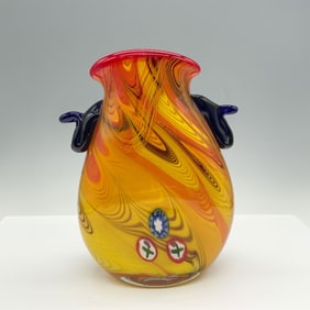 Yellow Swirl Patterned Art Glass Vase with Blue Handles