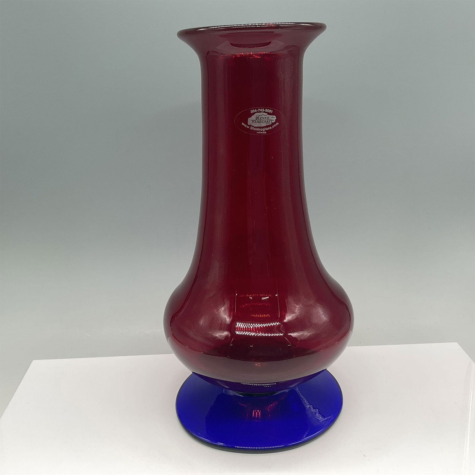 Blenko Handcrafted Ruby Red Glass Vase with Cobalt Blue Base (1 of 4)