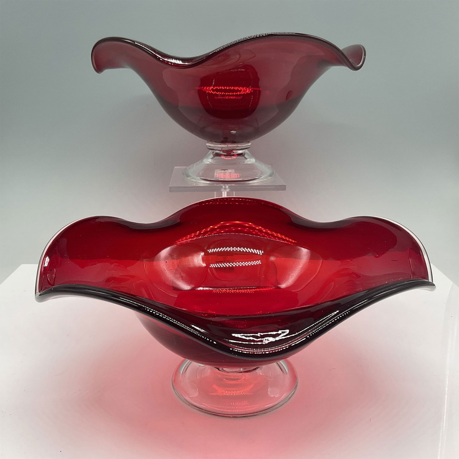Pair of Ruby Red Glass Pedestal Bowls (1 of 3)