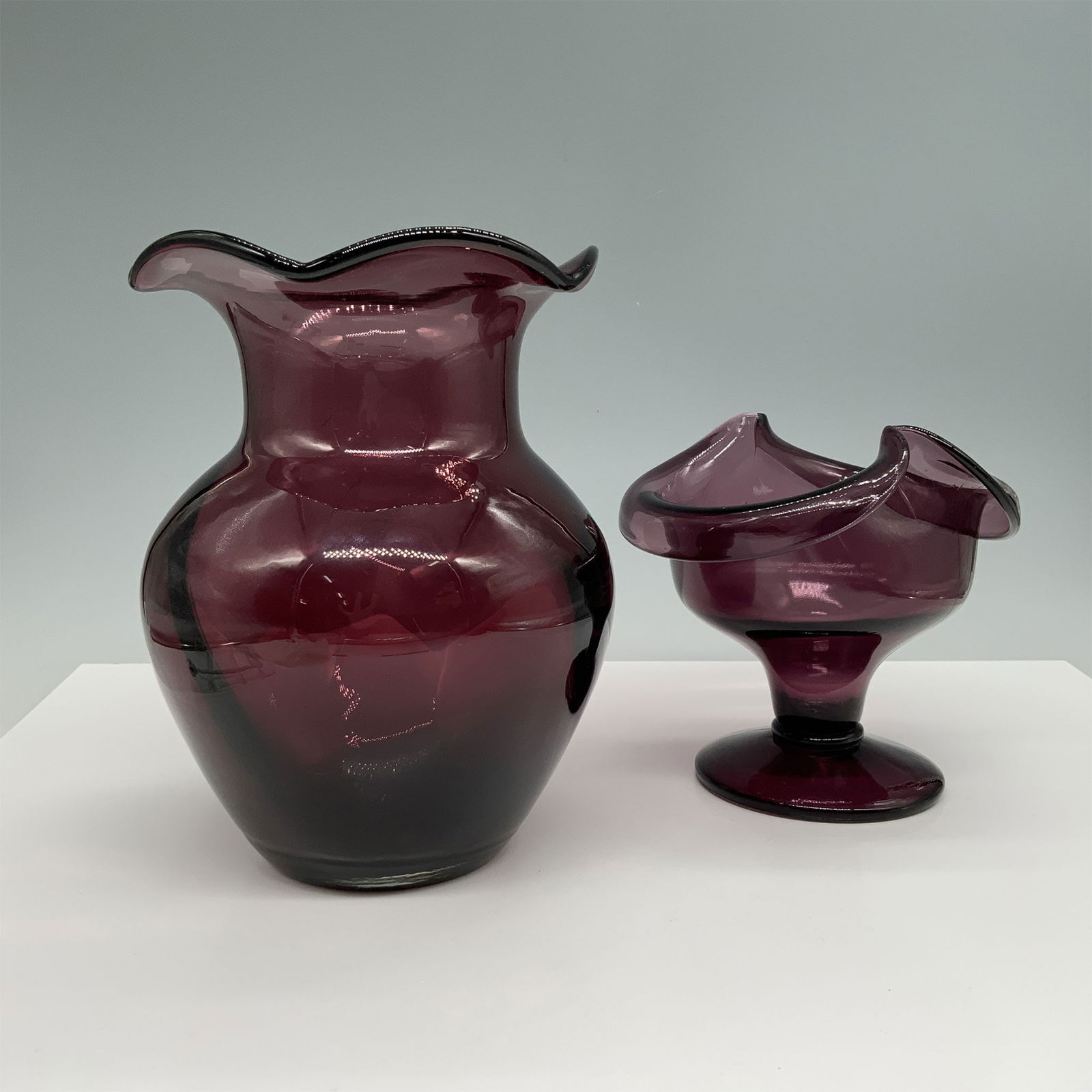 2pc Flared Amethyst Glass Vase and Compote (1 of 3)