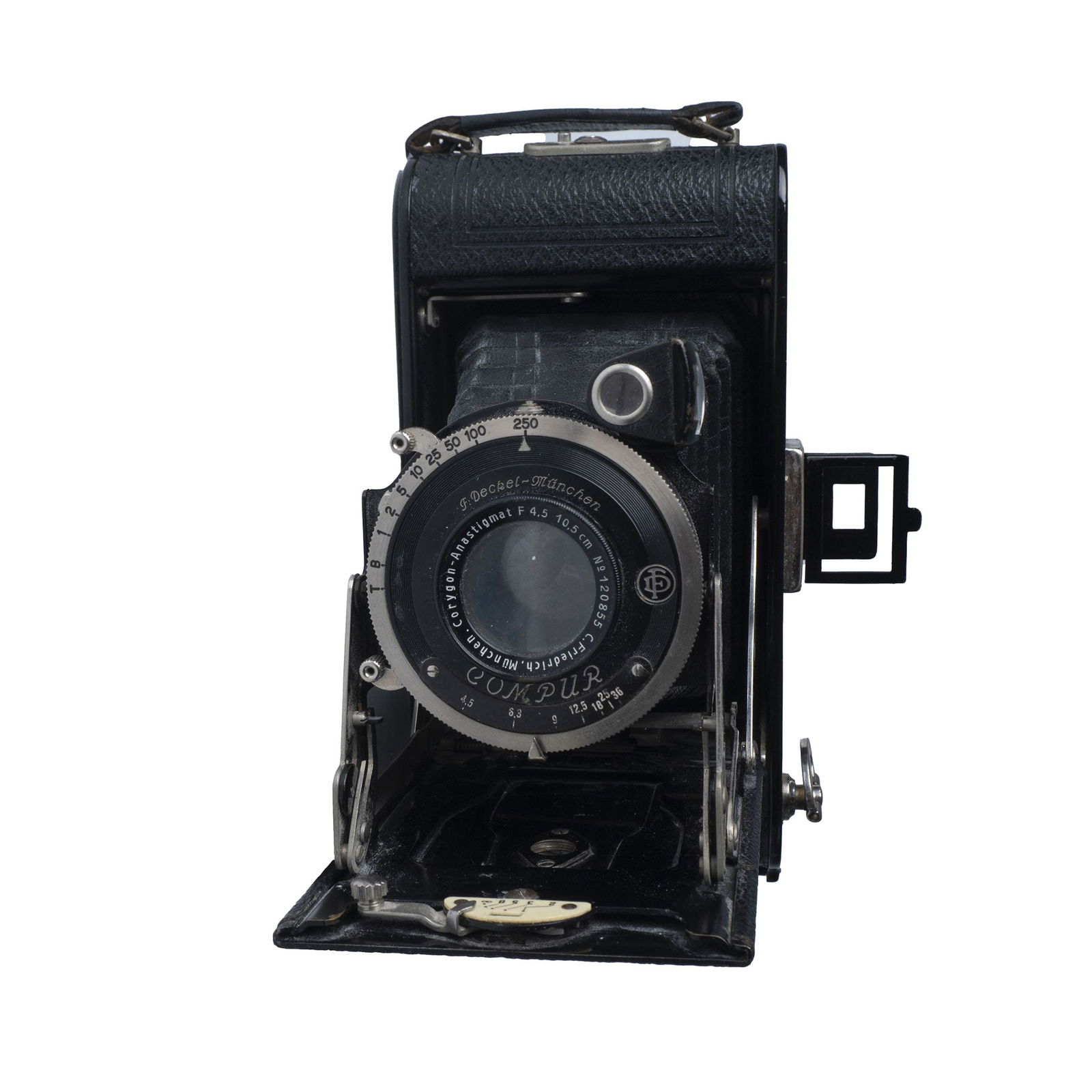 German Bellows Folding Camera w/ F. Deckel Anastigmat Lens: This vintage Compur folding camera features a Compur shutter mechanism by F. Deckel-München, paired with an Anastigmat f/4.5 105mm lens (serial number 120855). Designed for medium-format roll film, t