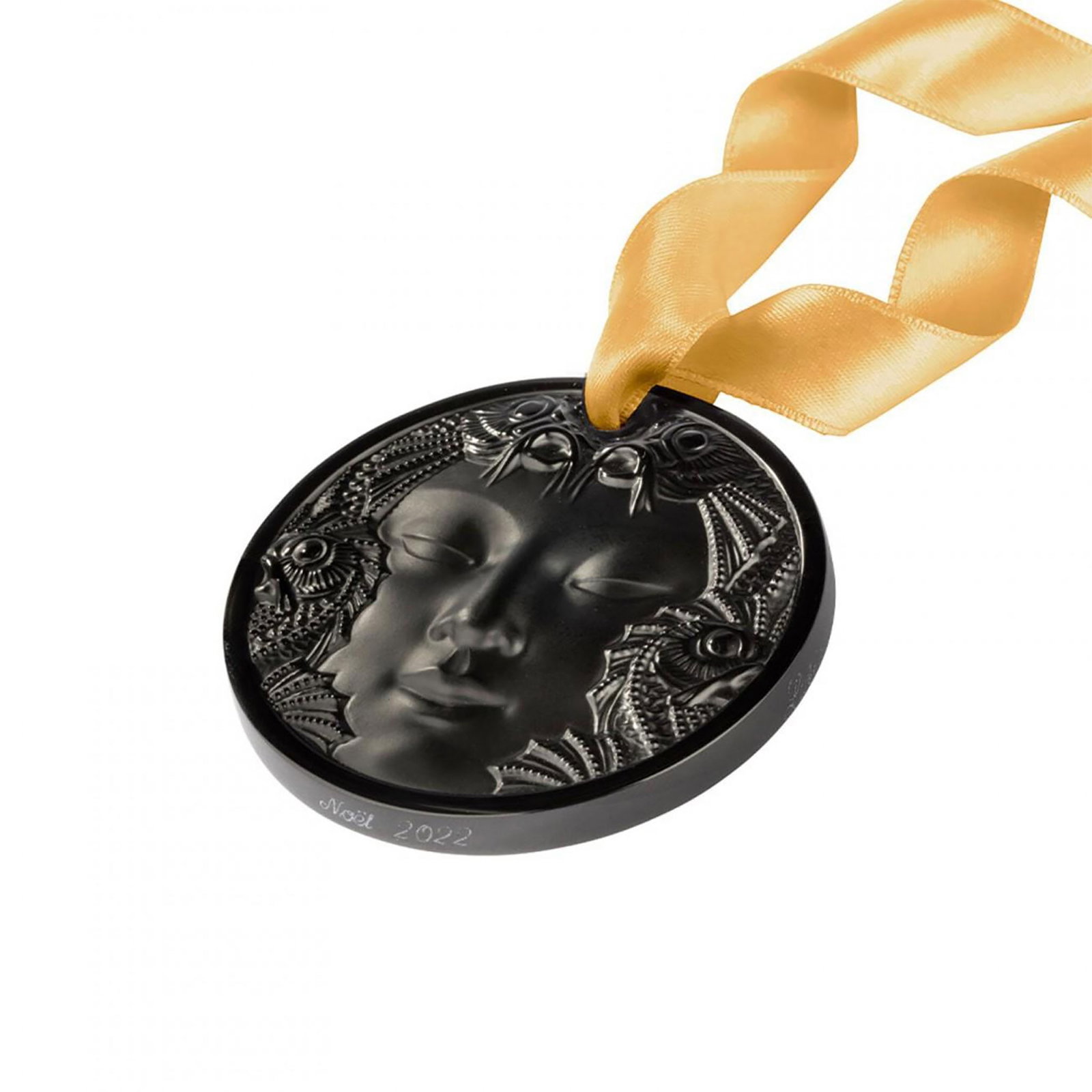 Lalique Christmas Ornament, Masque de Femme Noir, Sealed Box: Factory sealed, the black crystal 2022 annual Christmas ornament features iconic Masque de Femme motif, the face of a mysterious woman with delicate features, surrounded by aquatic fauna. This item in
