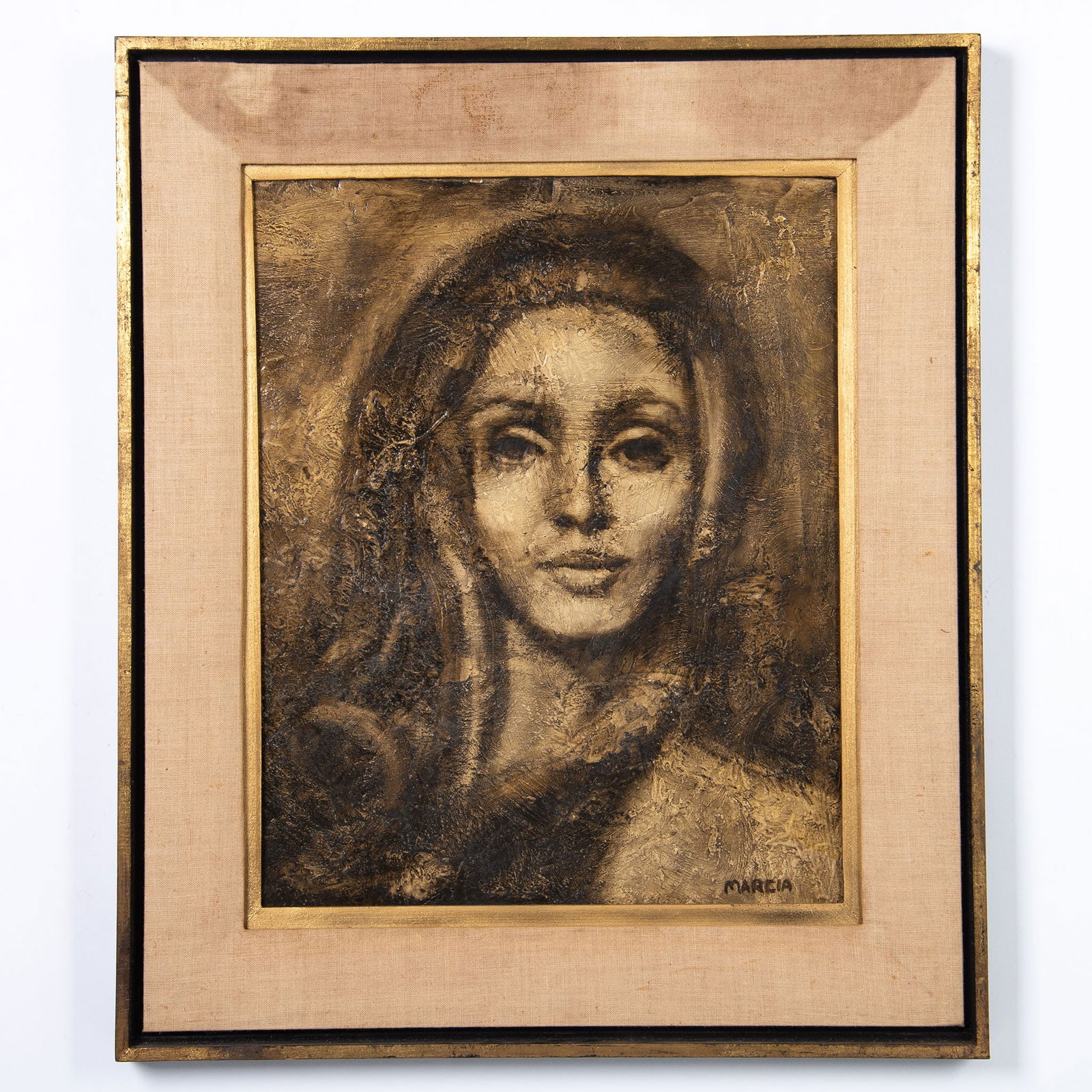 Marcia, Female Portrait Oil Painting: A monochromatic textured oil painting on masonite depicting the portrait of a woman. Artists signature on lower right. Housed in a gilded wooden frame with a beige fabric mat with a gold-colored borde