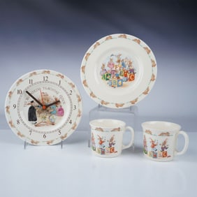 4pc Royal Doulton Bunnykins Plate, Clock, and Mugs